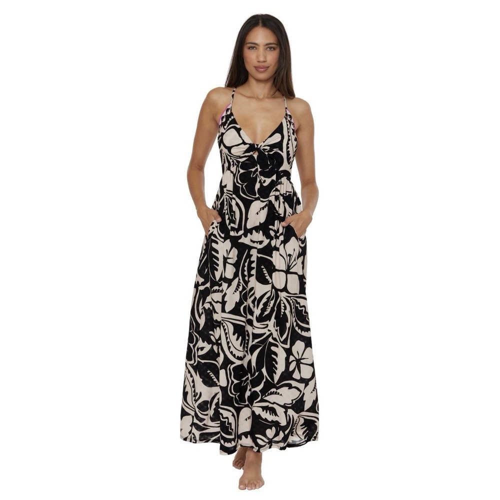 Trina Turk NWT Florence Tropical Print Maxi Dress V Neck Tie Back Adjustable‎ XS